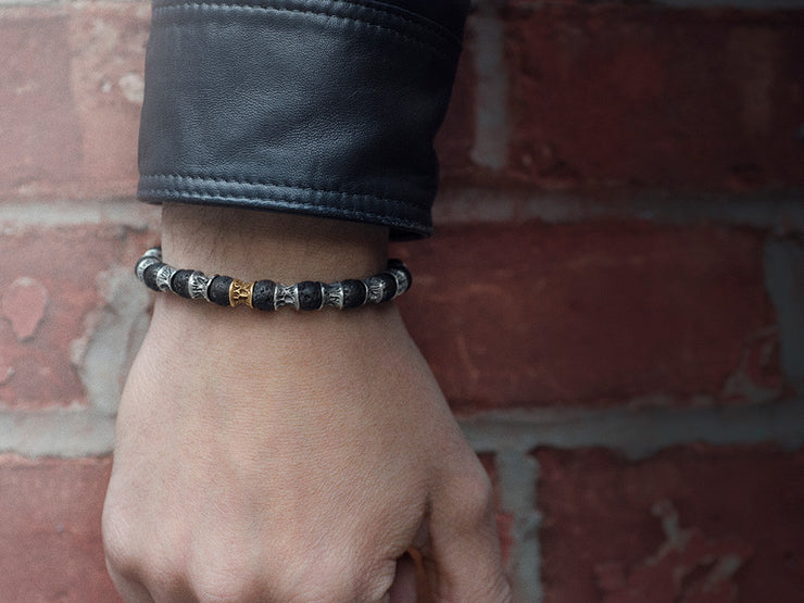 Lava Beads, One Gold Link, Oxidized Sterling Silver Bracelet