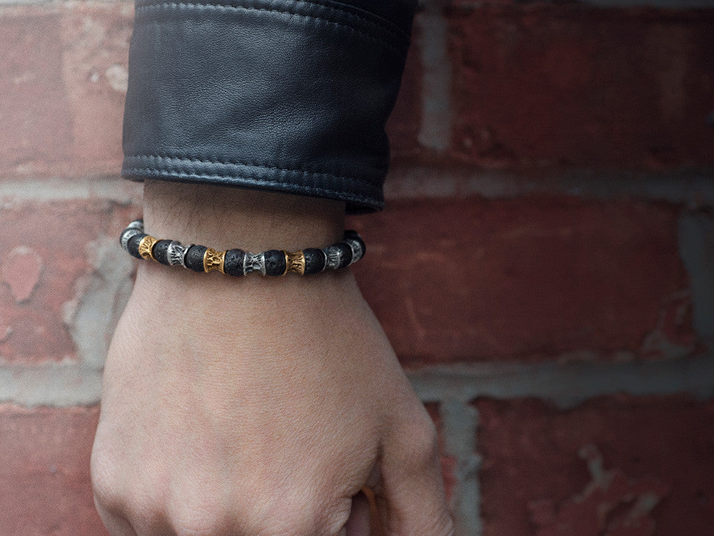 Lava Beads, Three Gold Links, Oxidized Sterling Silver Bracelet