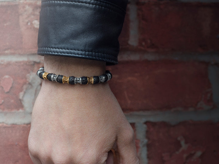 Lava Beads, Three Gold Links, Oxidized Sterling Silver Bracelet