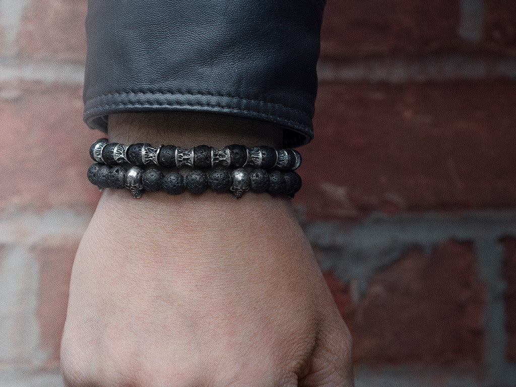 Sterling Silver Skulls, Black Diamonds, Lava Beads Bracelet